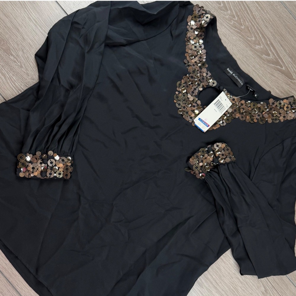 Dana Buchman Womens Silk Blouse Sequin Embellished Neck Cuff Black 6